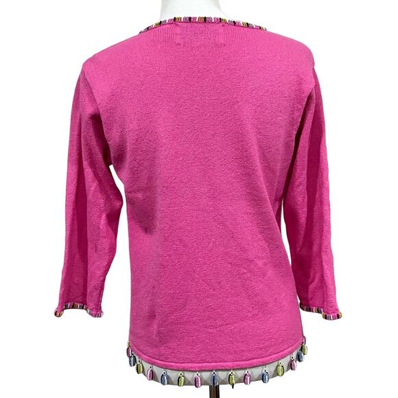 Design Options Philip Jane Gordon Bright Pink Beaded Fringe Cardigan Women’s M - Picture 7 of 10
